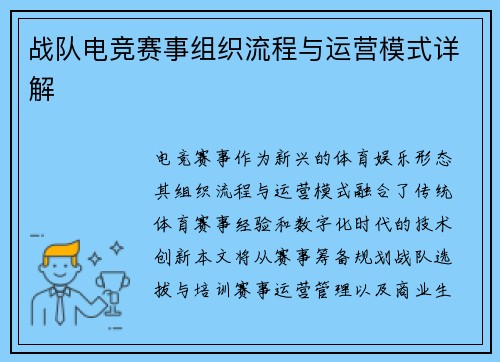 战队电竞赛事组织流程与运营模式详解